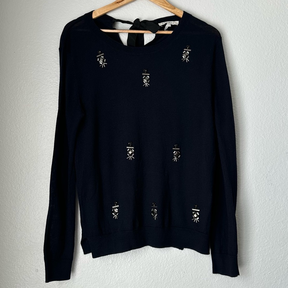 Sandro 100% Wool Black embellish beaded pull over sweater cardigan back tie 3
